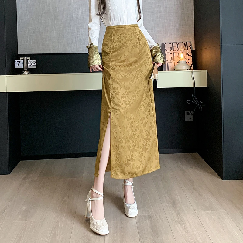 

Chinese Style Retro Long Skirts Womens New Spring Summer Elegant High Waist Print Slit Midi Skirt Ladies Slim Straight Skirt