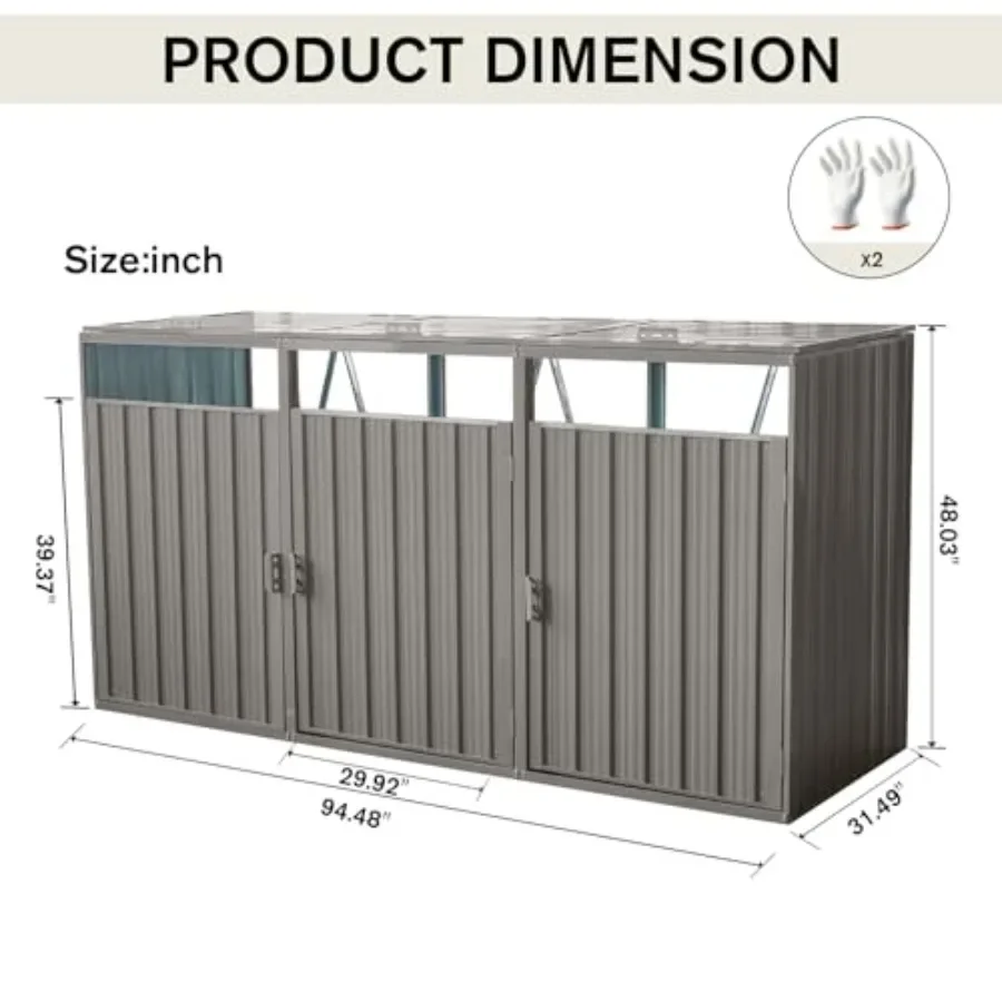 Outdoor trash can storage shed for outdoor use, polyethylene material, grey color, waterproof and weather-resistant design