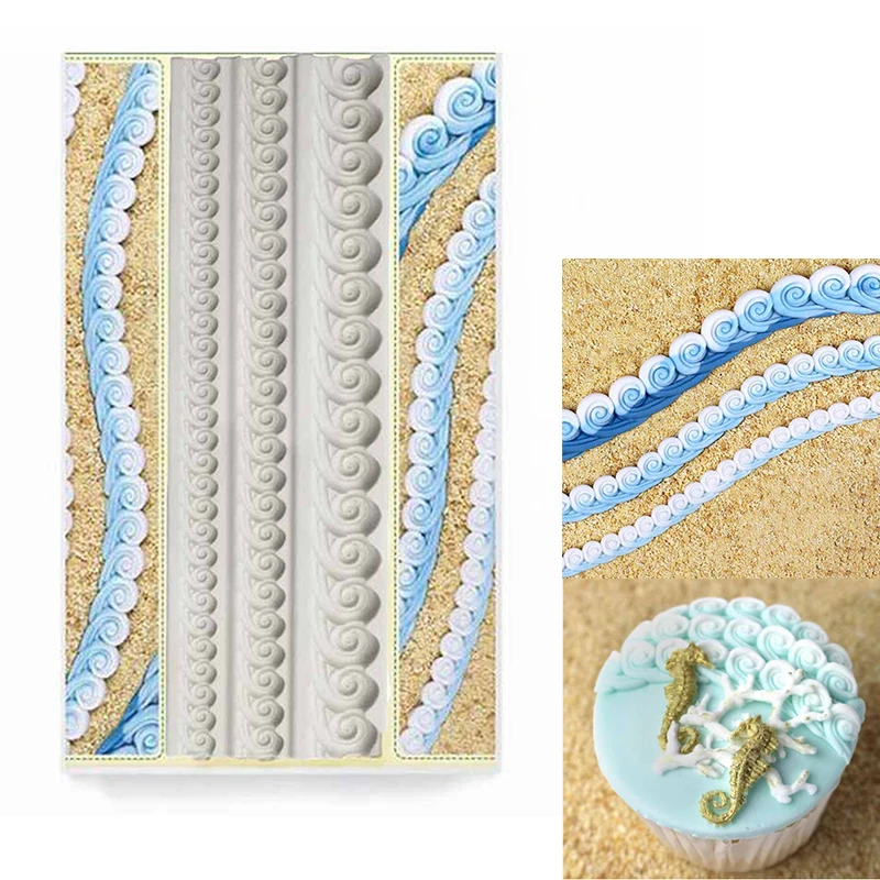 Marine Waves Fondant Mold Cake Border Cupcake Topper Decoration Ocean Gum Paste Baking Silicone Mould Candy Chocolate Supplies