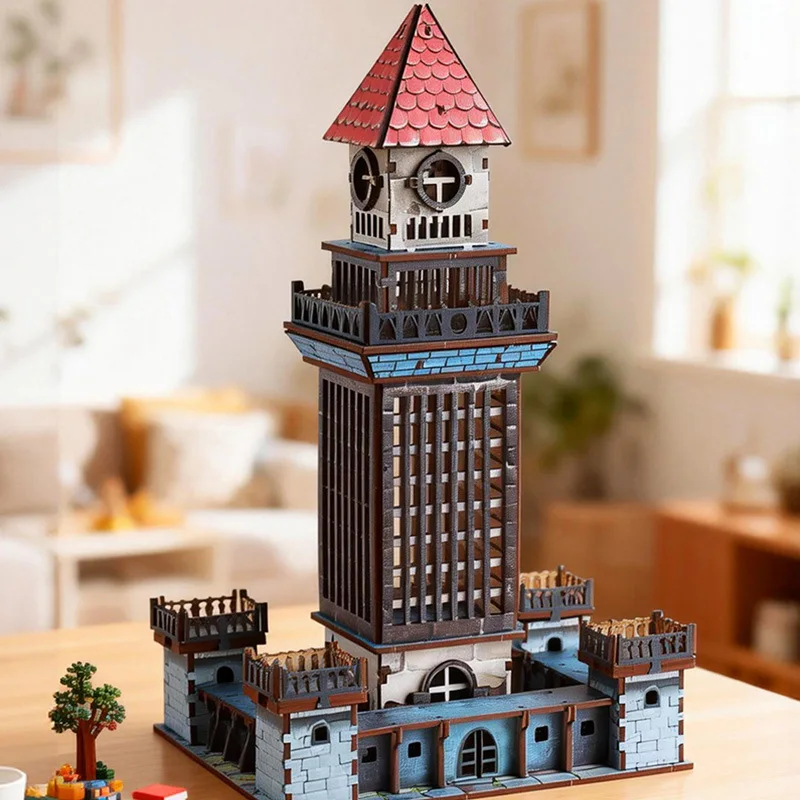 Wooden Castle Tower 3D Puzzle, DIY Assembly Gothic Fortress Model Kit,Colorful Spray Craft,for Adults & Teens,Desktop Decor&Gift