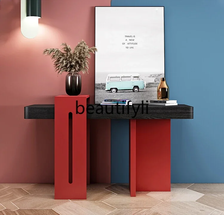 

Minimalist entrance table, painted black oak color matching partition cabinet, entrance corridor decoration table