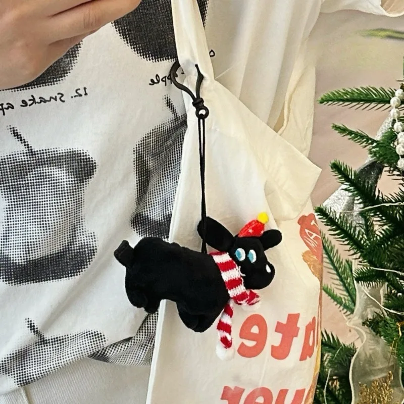 

Cute Puppy Plush Doll Keychain Little Black Dog with Scarf Pendant Korean Style Christmas Kawaii Puppy Backpack Decor Pendant