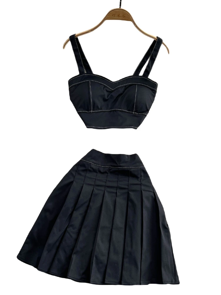 Estilo americano sexy almofada no peito e sem alças denim curto regata + cintura alta emagrecimento saia curta plissada conjunto de duas peças