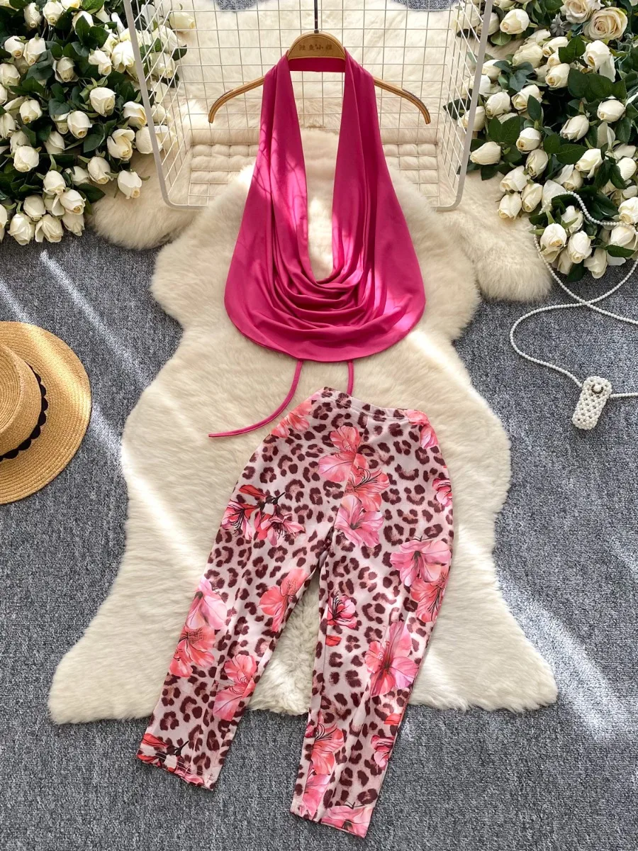 

Foamlina Summer Leopard Print High Waist Capri Pants Set European Style Halter Cowl Neck Backless Bandeau Vest Two Piece Outfit