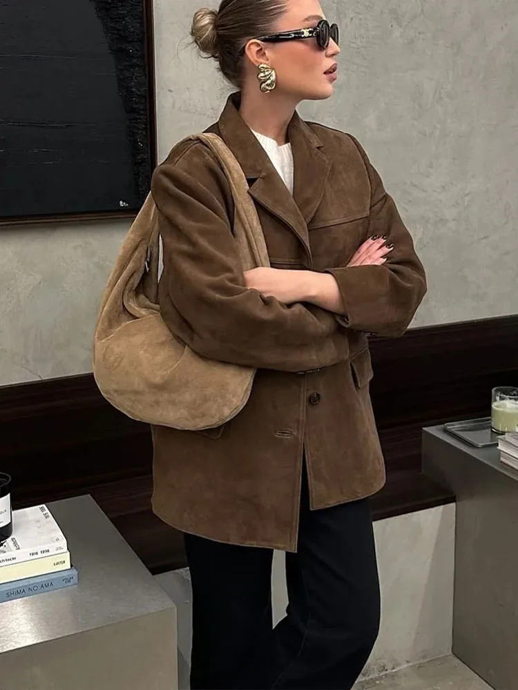 TRAFZA 2024 Women\'s Winter Fashion Solid Color Blazer Lapel Pocket Decorated Casual Top Women\'s Loose Short Coat Street Jacket
