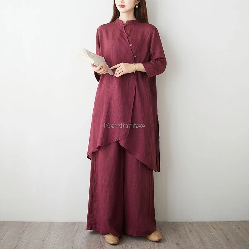 2025 women's summer chinese style zen-style ramie two-piece stand collar blouse long pants 2 piece loose elegant tang suit set
