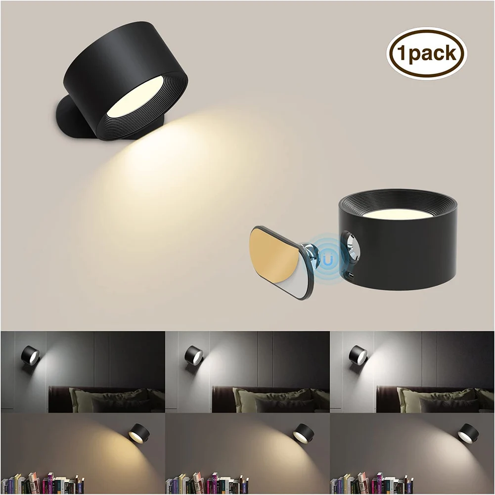 USB recarregável LED Wall Light, toque sem fio, Wall Mounted Sconce Lights, 360 ° bola magnética, girar quarto, lâmpada de leitura