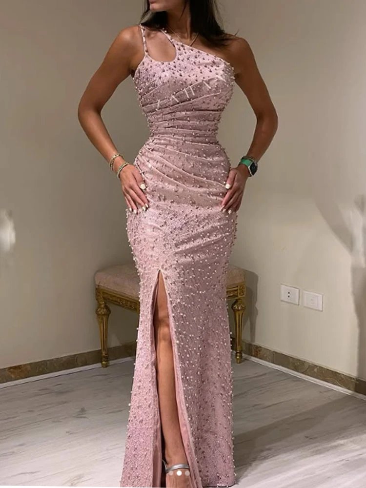 Customized High quality Classic Retro Jersey Pearl Pleat Sheath One-shoulder Long Dresses Cocktail Dresses Sexy Fashion Matching image 2