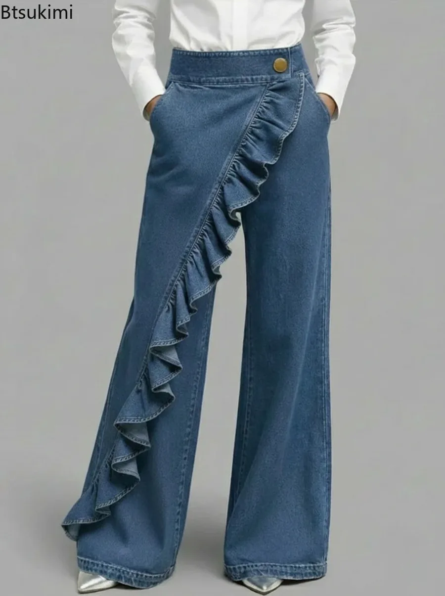 New Women's Wide Leg Denim Pants High Waist Asymmetrical Ruffle Trim Casual Trousers with Pockets Lady Vintage High Street Jeans