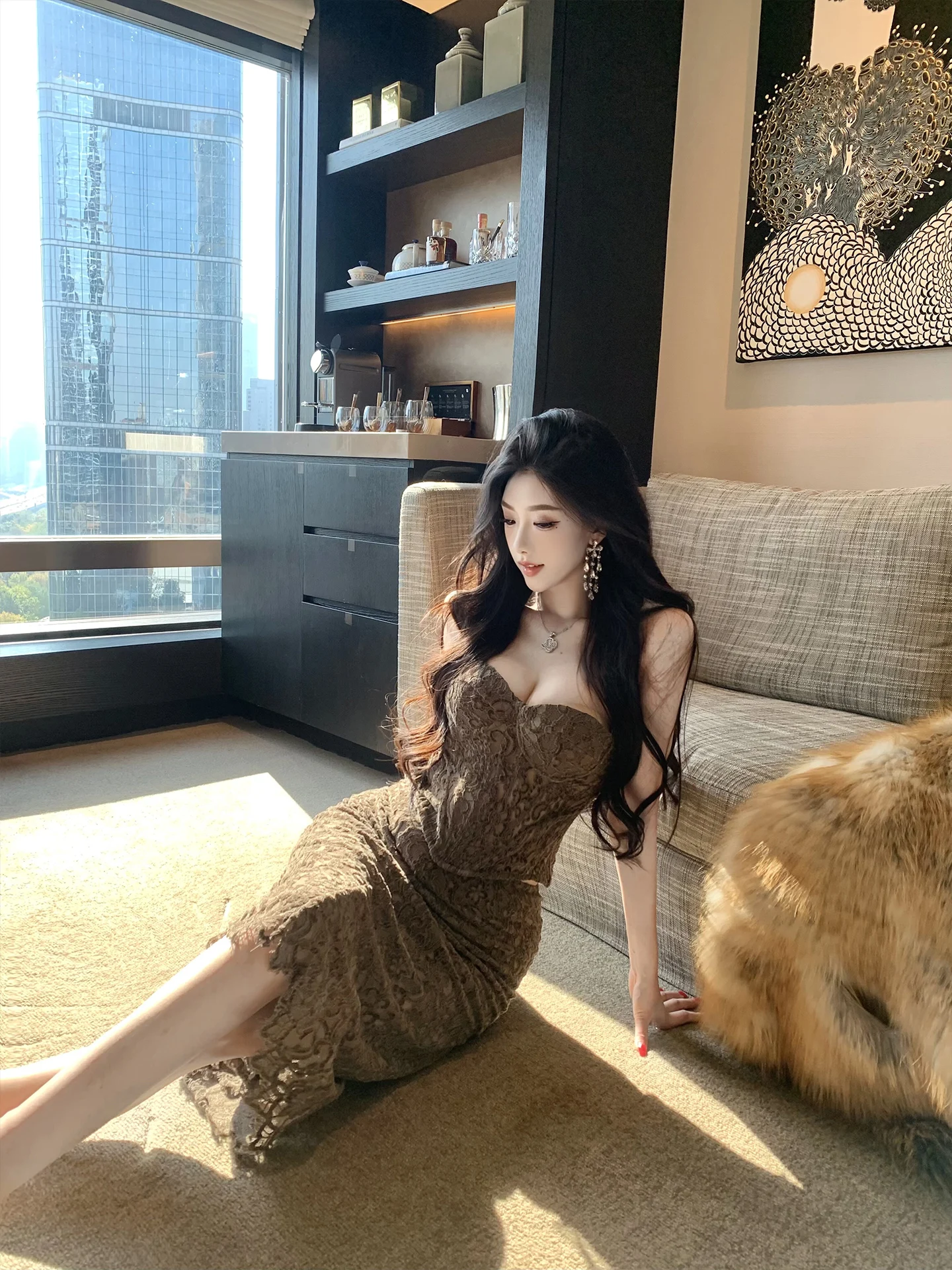 

Комплект из топа и юбки с высокой талией, кружевом и вышивкой, облегающий, соблазнительный, J Studio, повседневный, зимний