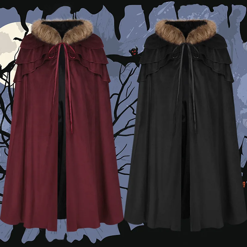 

Halloween Unisex Vintage Dark Gothic Cloak Coat Cape Hooded Shawl Wizard Priest Robe