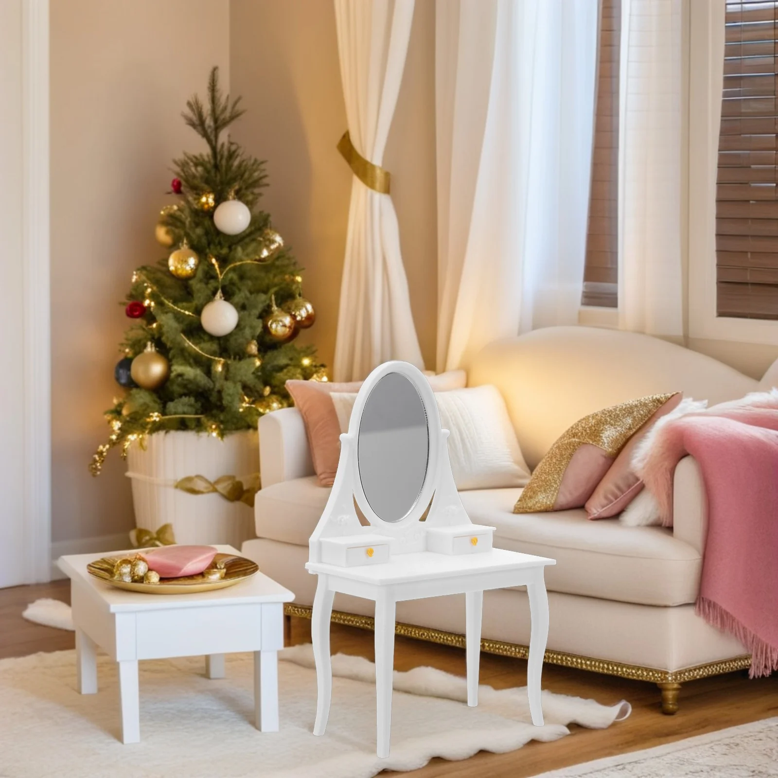 

Miniature Dressing Table With Mirror Vintage Style Dollhouse Bedroom Furniture Mini Retro Furniture Set Pla Safe Material Decor