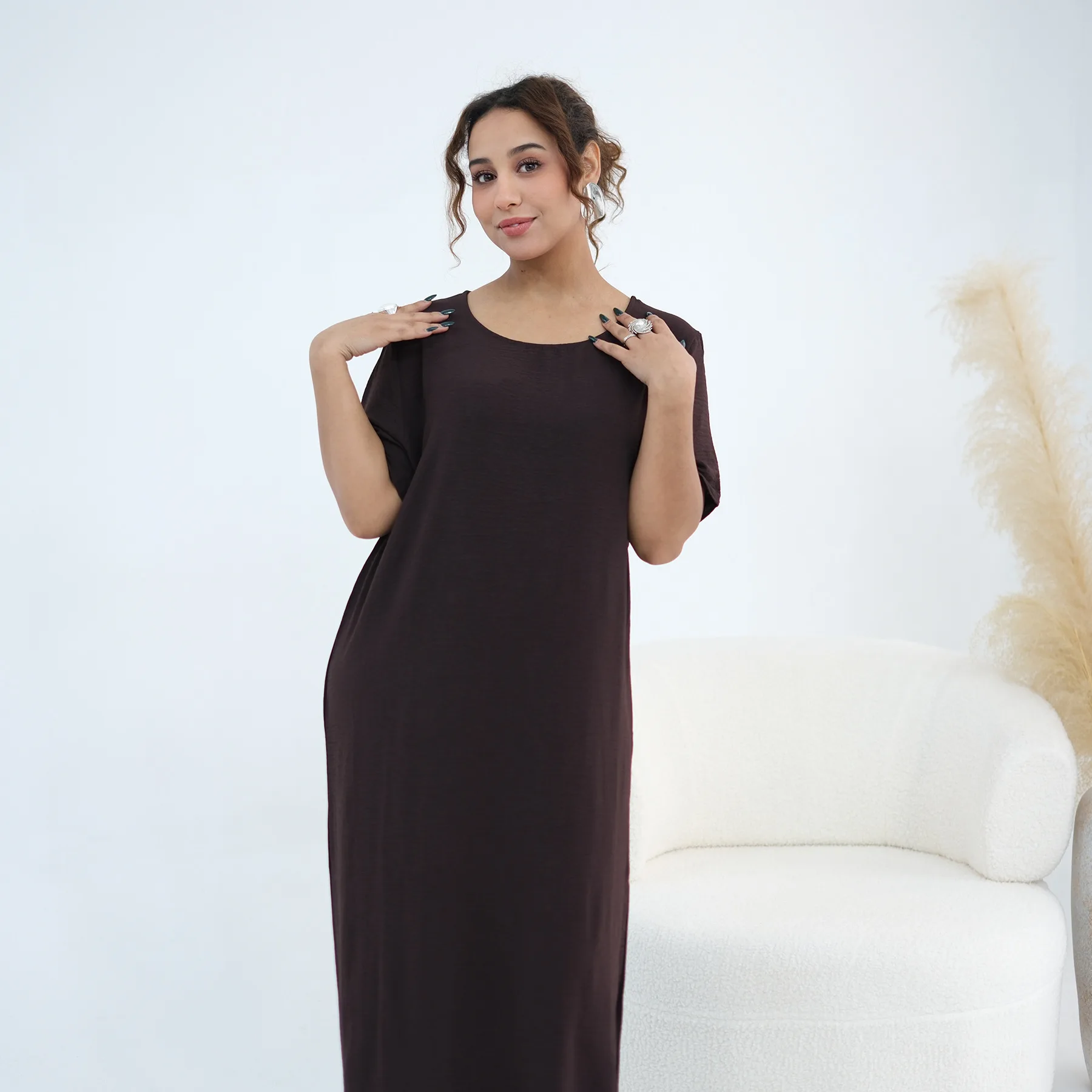 아랍 여성 무슬림 아바야 이너 드레스 반팔 롱 언더 아바야 카프탄 잘라비야 라마단 이드 두바이 터키 이슬람 의류