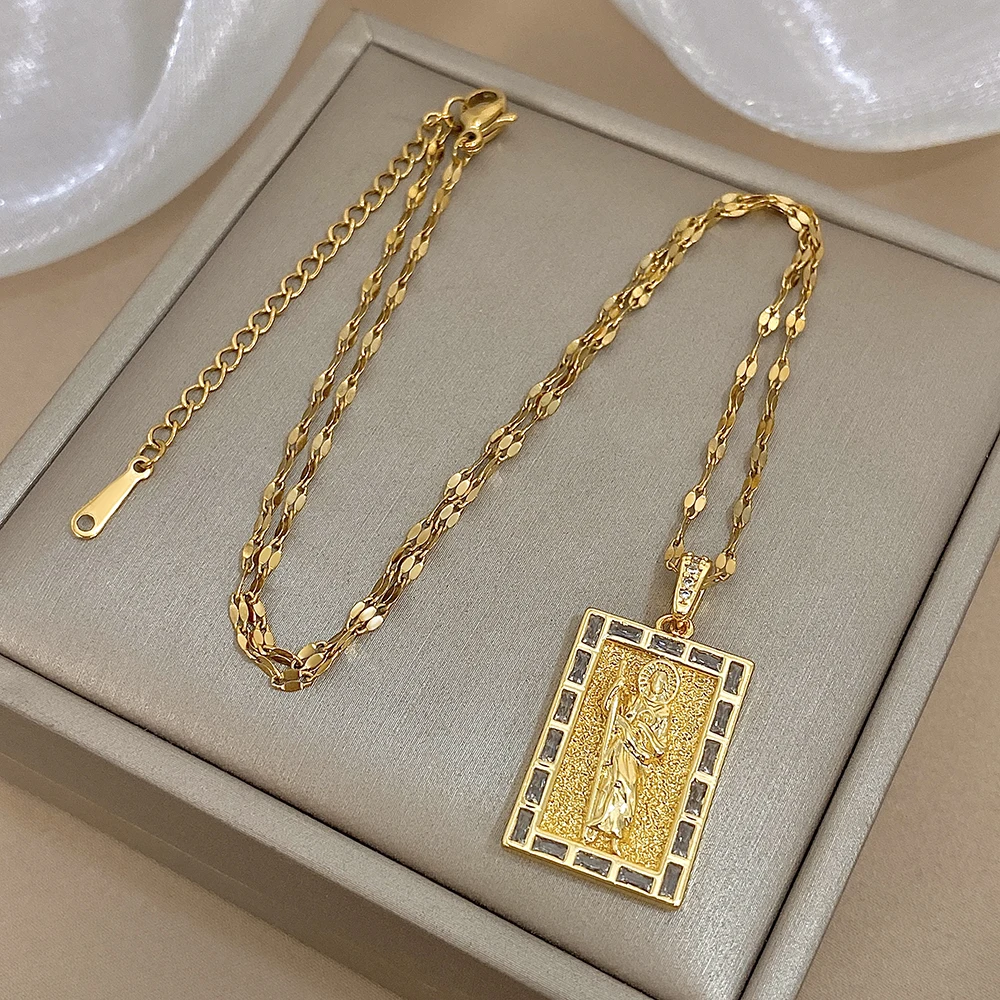 

DODOHAO Square Aparecida Pendant Necklaces Virgin Mary Religious Pendant Necklaces Gold Color Stainess Steel Chic Jewelry