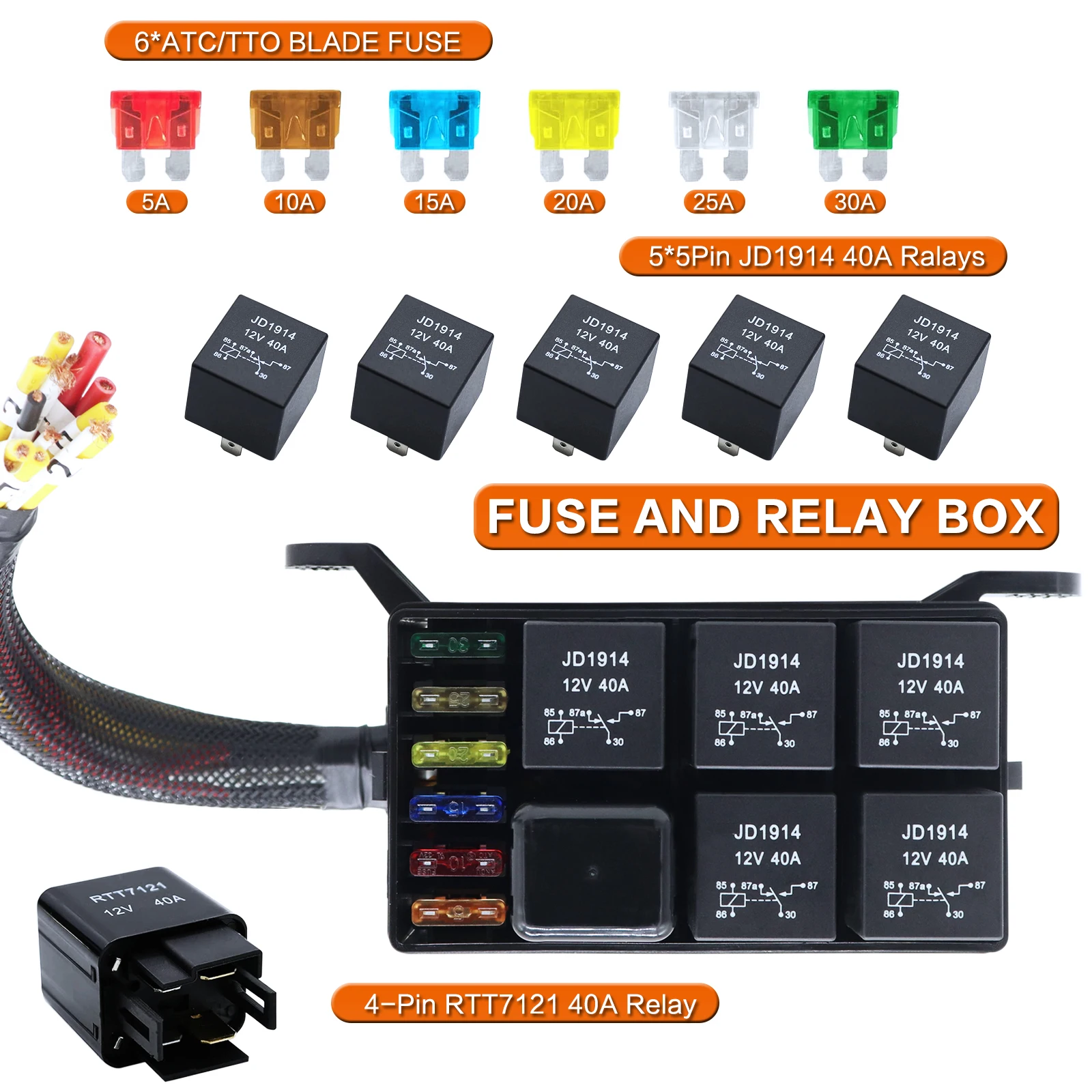 12V Fuse Relay Box with Pre-Wires Waterproof Relay Fuse Block with 5x5pin JD1914 and 1x4pin RTT7121 Relay 6x ATC/ATO Blades Fuse