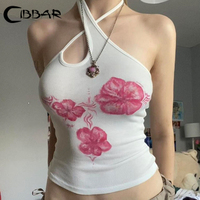 CIBBAR Asymmetrical Halter Crop Top y2k Floral Print Sleeveless White Tank Tops Women Basic Tees Vintage Sexy Camisole Harajuku