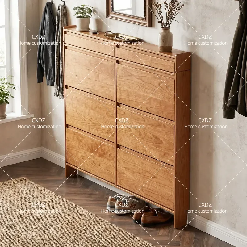 Pure Solid Wood Cherry Log Custom Tipping Bucket Shoe Cabinet for Living Room Home Entrance Door 17cm Ultra Thin Model