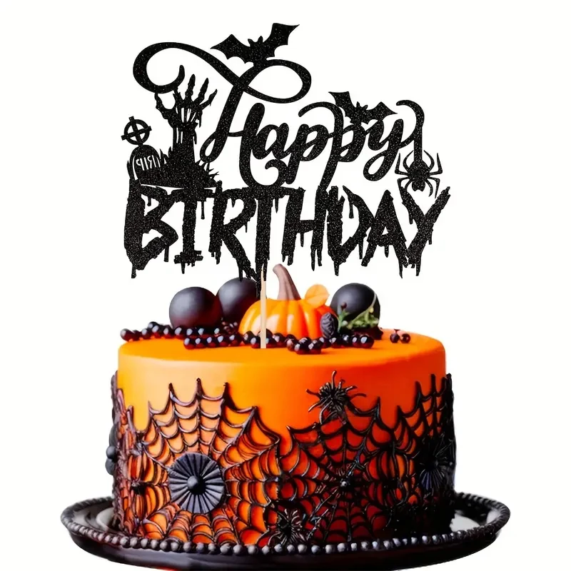 Halloween-Kuchenaufsatz „Alles Gute zum Geburtstag“, gruseliger Rip, Zombie-Hand, Spinne, Fledermaus, Kuchendekoration für Halloween-Geburtstagsfeiern, Kuchendekorationen