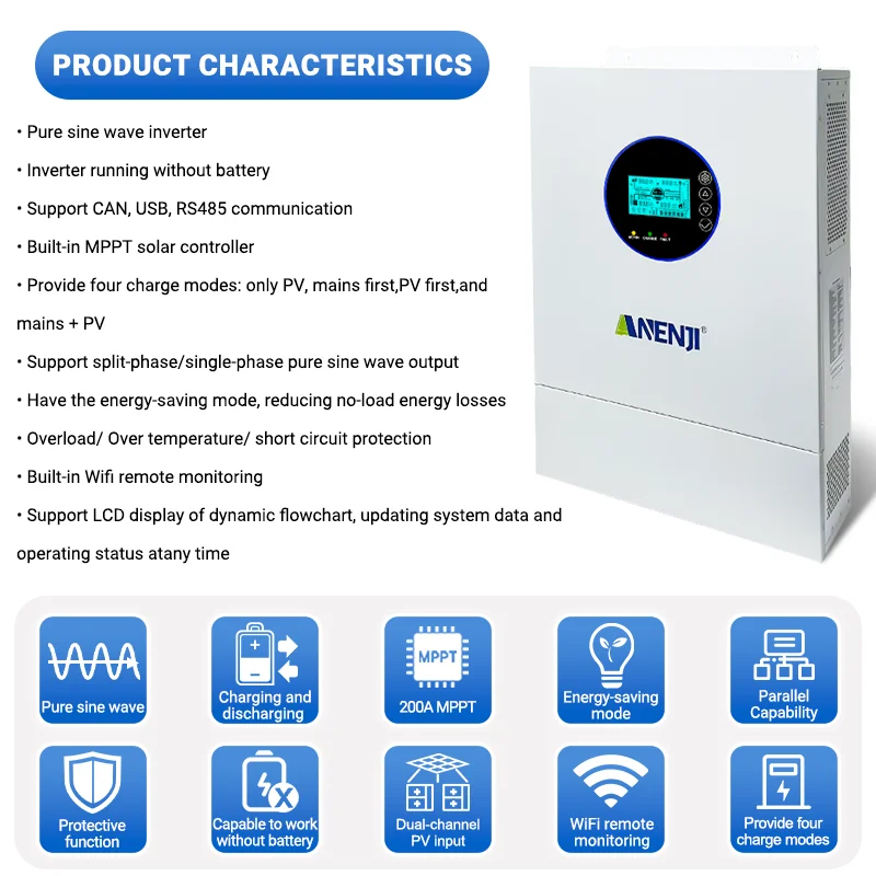 ANENJI 12KW 120V/240VAC Solar Inverter Hybrid 110V Split Phase Parallel 6 Inverter Built-in 2 MPPT view 5