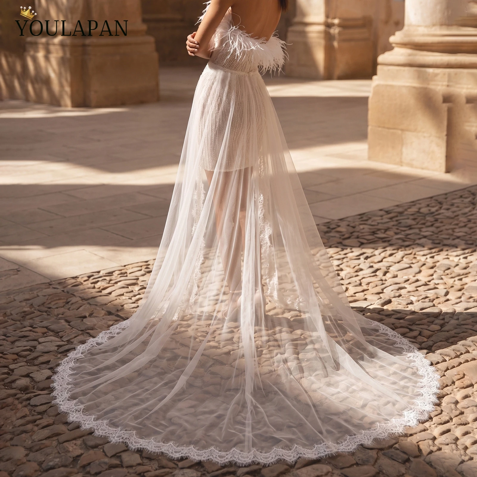 TOPQUEEN Eyelash Lace Edge Bridal Overskirt Removable Wedding Skirt Long Train Overlay Bridal Accessories VB05