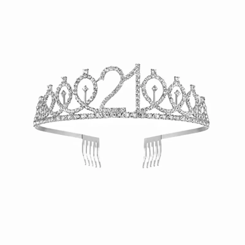 Silvery Birthday Crown Rhinestone Alloy Insertion Hair Comb,for Women 13 16 18 21 30 40 50 60Years Old Birthday Party Decorative