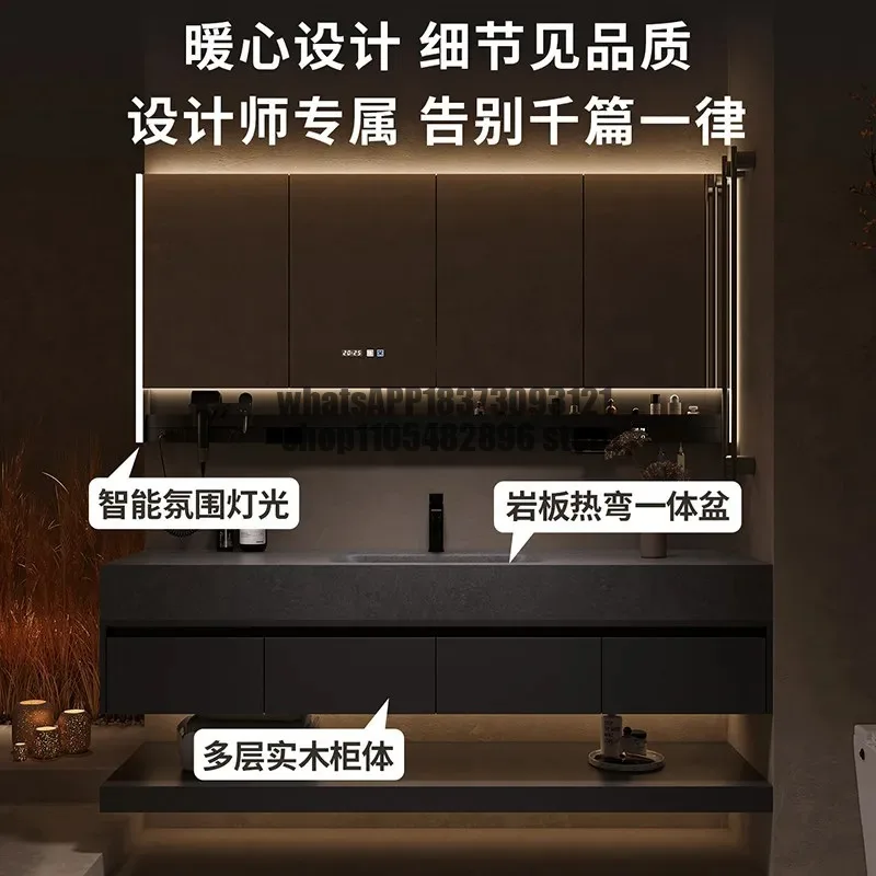 Hotel rock slab hot bending integrated basin bathroom cabinet double layer hanging washing table combination