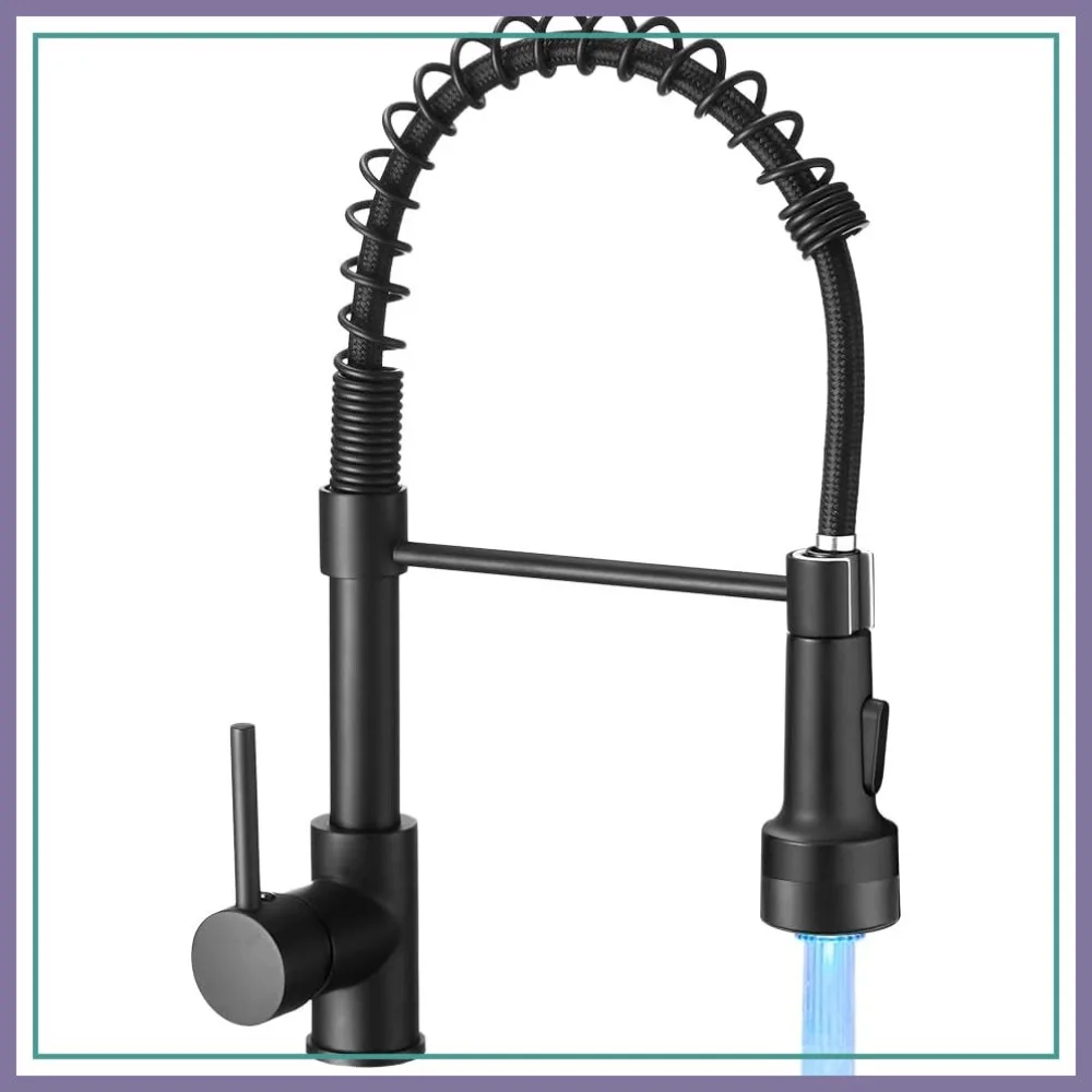 

Single Handle Pull Down Kitchen Faucet with Sprayer, Spring Matte Black Sink Faucet with LED Light