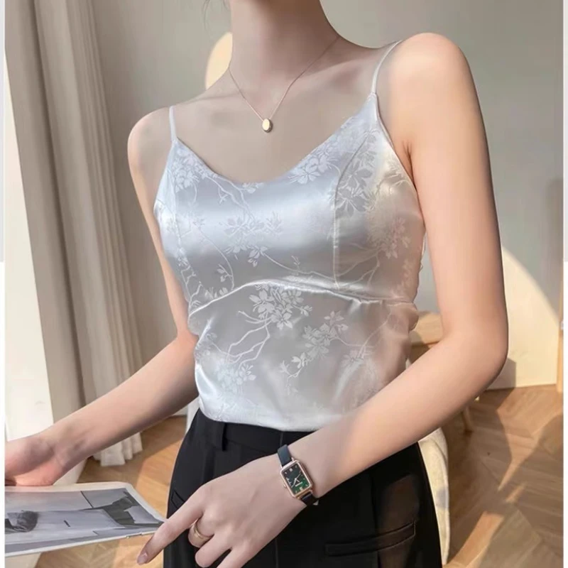 Summer Women V-neck Satin Tank Tops Chinese Style Floral Smooth Black White Sleeveless Camis Elegant Backless Sexy Beach Vest