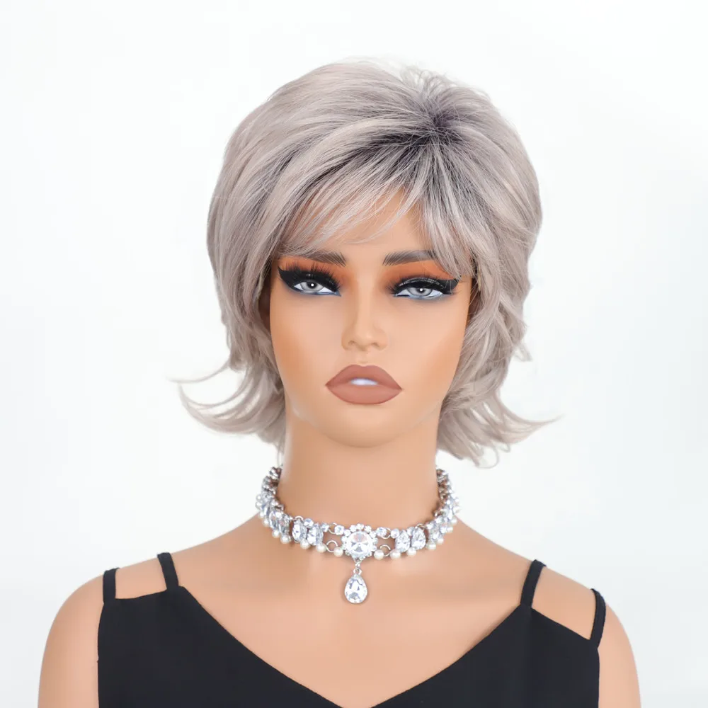 Heat Resistant Synthetic Short Curly Wig for Women Granny Gray Gradient Full Wig Cap for Middle-Aged Senior Ladies