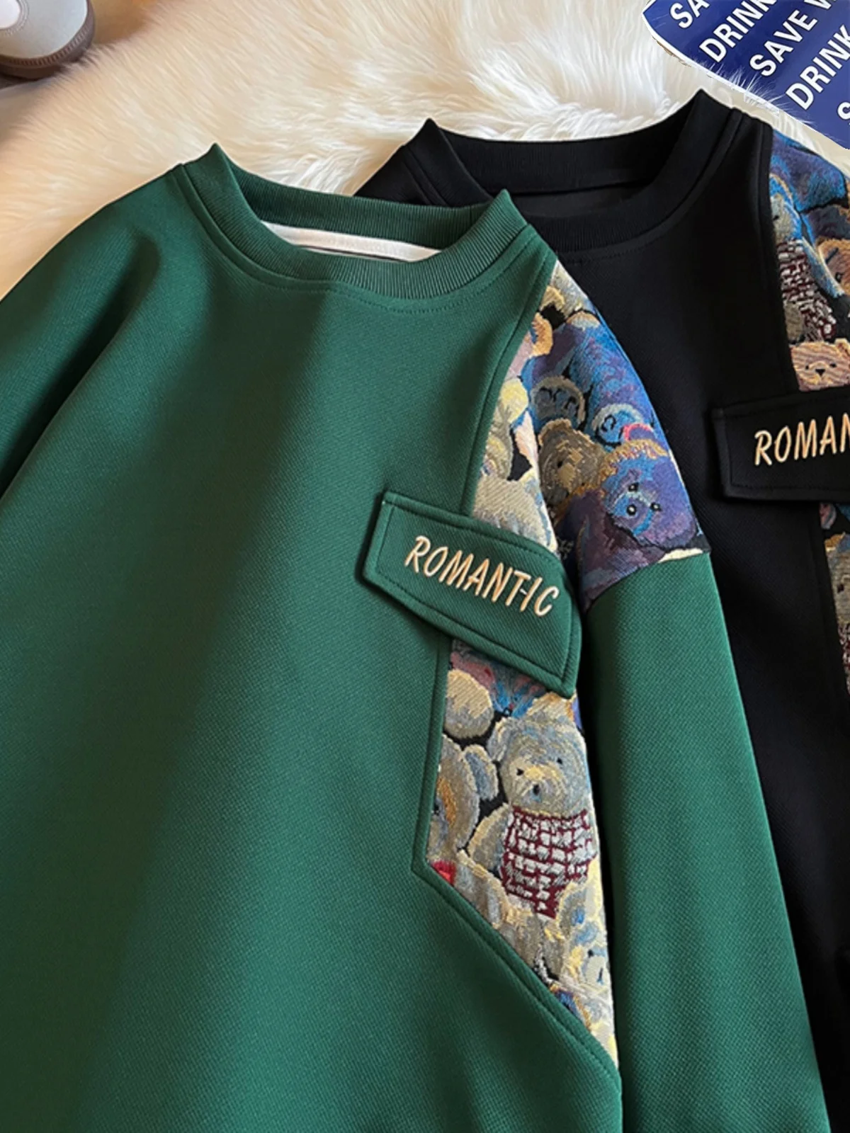 

Новая китайская мужская толстовка с вышивкой медведя и пэчворком, круглый вырез, без капюшона, весна-осень, утепленная, повседневная, комфортная