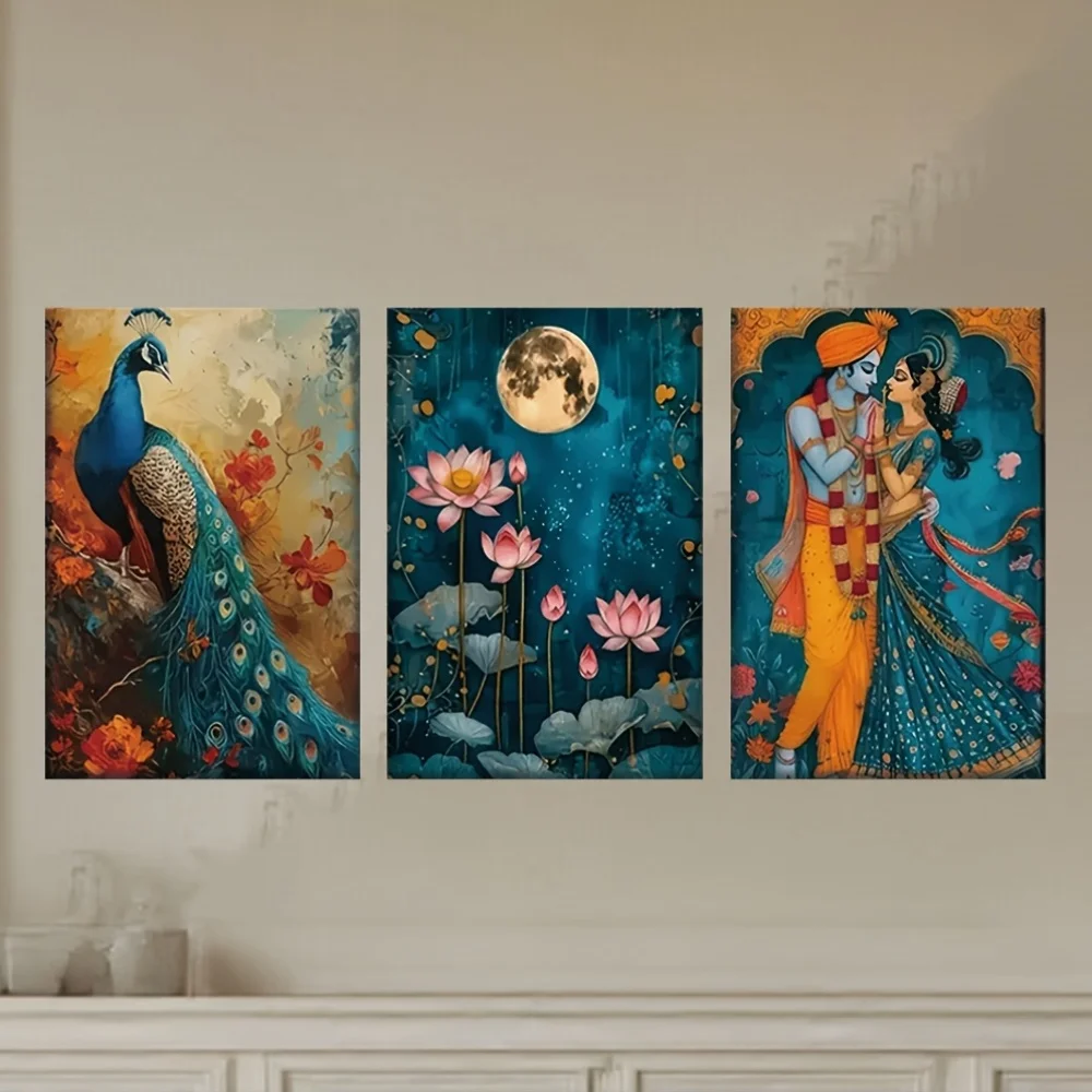 3pcs frameless Canvas Painting 3pcs Indian Couple Painting Set - Hand-Painted Peacock And Lotus Wall Art, Traditional Indian Fam