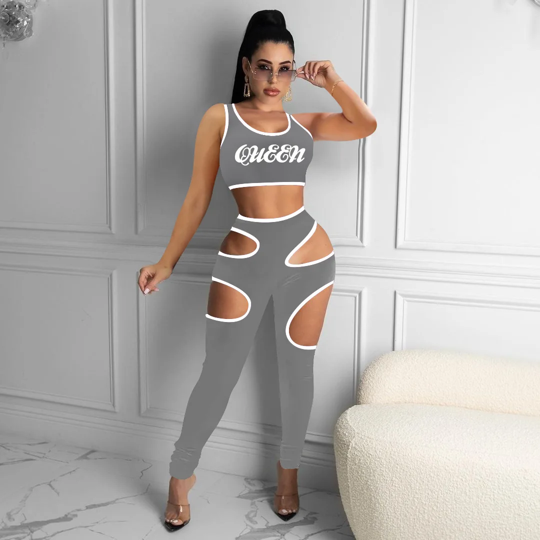

2024 summer hot pants set nightclub sexy commuting hollow out pants suspender top vest women's two piece set