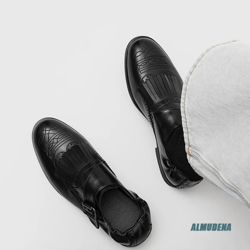 

Black Tassel Monk Strap Shoes Men Round Toe Block Heel Fashion Daily Wedding Party Stylish Formal Business Brogue Dress Shoes