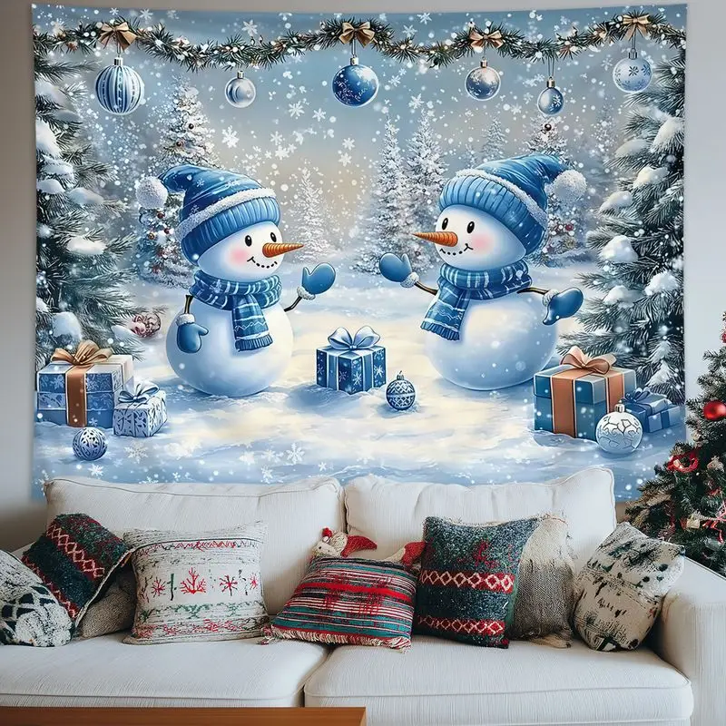 VIKAMA Moonnight Forest Snowman Christmas Tapestry, Magical Wall Art for Living Room Winter Background Decoration