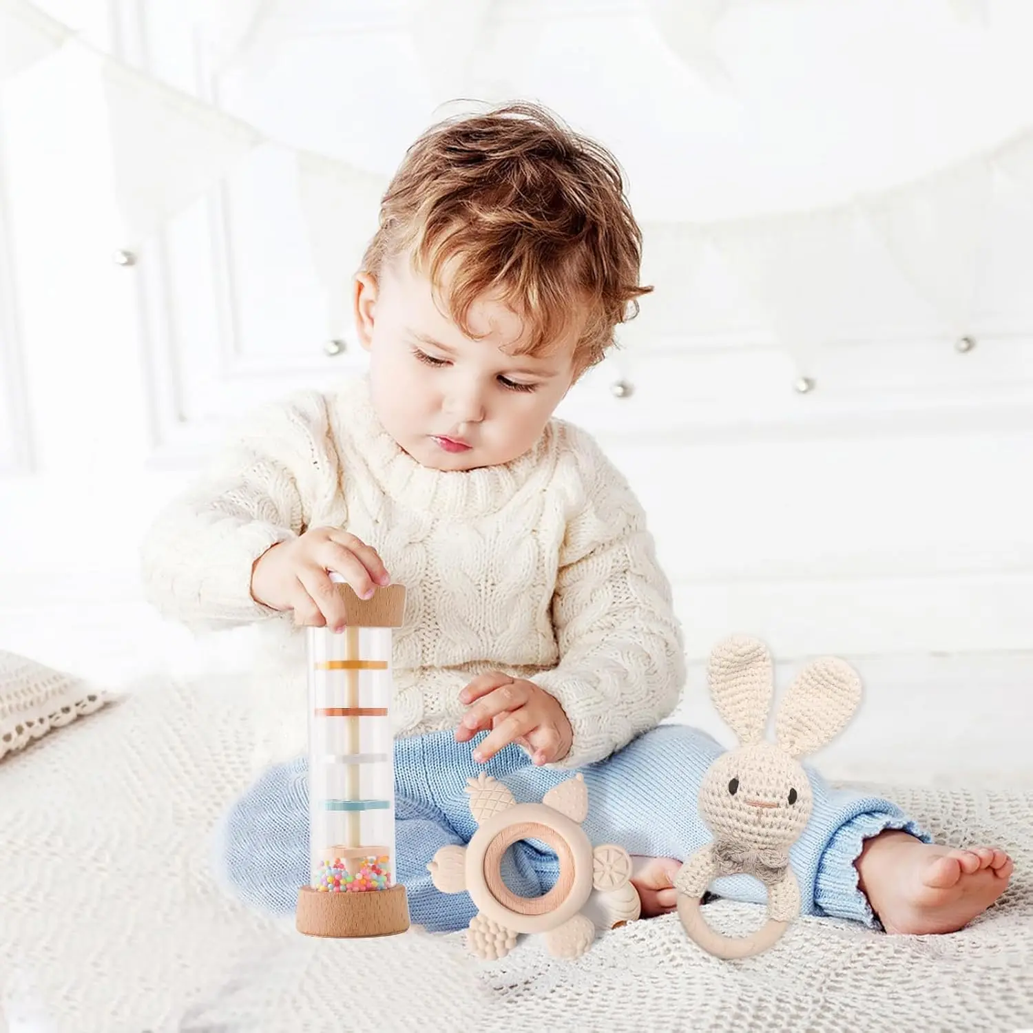 Set di 3 Sonaglietti in Legno a Forma di Coniglio, Giocattoli per la Dentizione a Forma di Bastoncino Lavorato a Maglia, Giocattoli Montessori in Legno Naturale per Neonati da 3 a 12 Mesi
