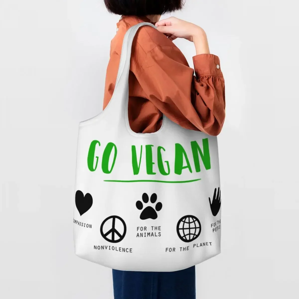 Kawaii Go Vegan Shopping Tote Bags Recycling Fruit and vegetable Canvas Grocery Shoulder Shopper Bag Photography Handbags