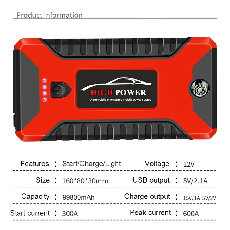 Arrancador de batería portátil para coche, Banco de energía de 99800mAh, cargador de arranque de emergencia, 600A, 12V, dispositivo de Arranque