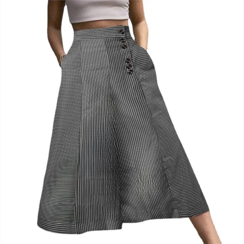 Faionable High Waist Striped Wide Leg Casual Pants Loose Fit Button up Comfortable Women's Summer Thin Material Long Trousers