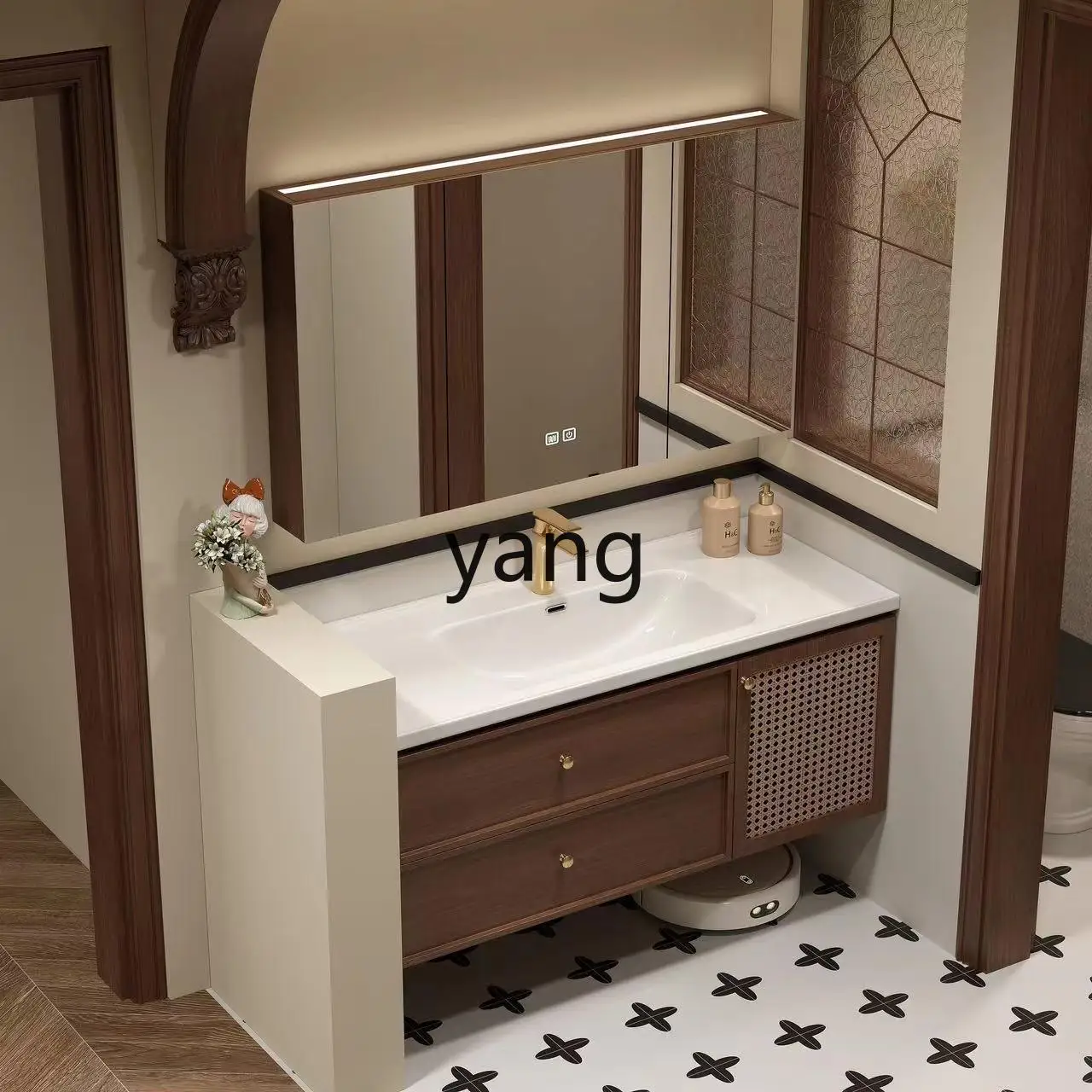 خزانة حمام LH من الخشب الصلب لغسل اليدين وحوض سيراميك متكامل من خشب الجوز