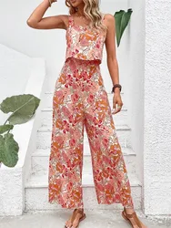 2024 Summer Elegant Long Jumpsuit Women Sexy Backless Wide Leg Casual Sleeveless Floral Rompers Summer Clothes Jumpsuits