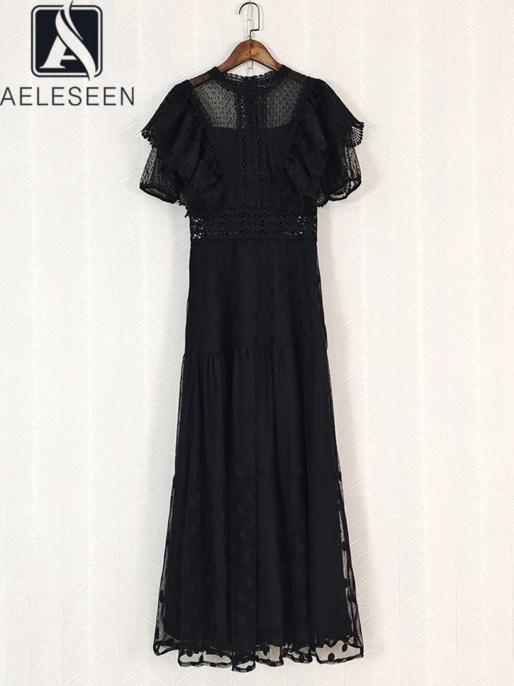 

AELESEEN Runway Fashion Lace Dress Women Summer Butterfly Sleeve Ruffles Dots Black White Mesh See-Throught Elegant Long Party