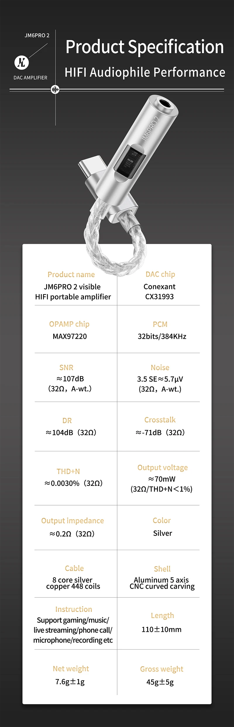 JCALLY JM6 Pro2 Digitaler Audio-Adapter CX31993 DAC MAX97220 OPAMP Chip Hi-Fi-Audio-Decoder Typ C auf 3,5 mm Kopfhörerverstärker – Detail 18