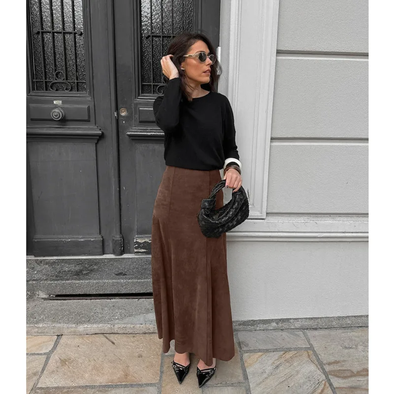 

Fashionable Women Casual Suede Skirt Vintage Loose High Waist Flare Fishtail Autumn Winter Zipper Lady Skirt Elegant Clothing