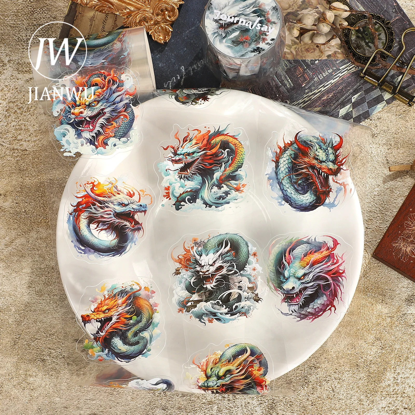 JIANWU 60 مللي متر * 200 سنتيمتر خمر التنين الصيني المشهد المواد الكولاج سجل القصاصات PET الشريط الإبداعية مجلة بها بنفسك مجلة القرطاسية #2