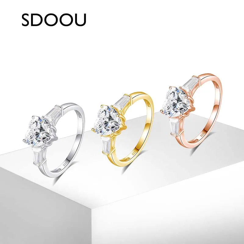 SDOOU S925 فضة مويسانيتي خاتم الحب القلب 2ct 3 حجر للنساء المشاركة وعد الزفاف غرامة مجوهرات هدية مشرقة