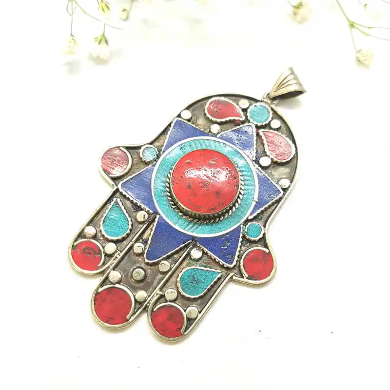 Tibetan Buddha Hand Amulet Pendants White Metal Copper Inlaid Colorful Stone Vintage Pendant TBP535