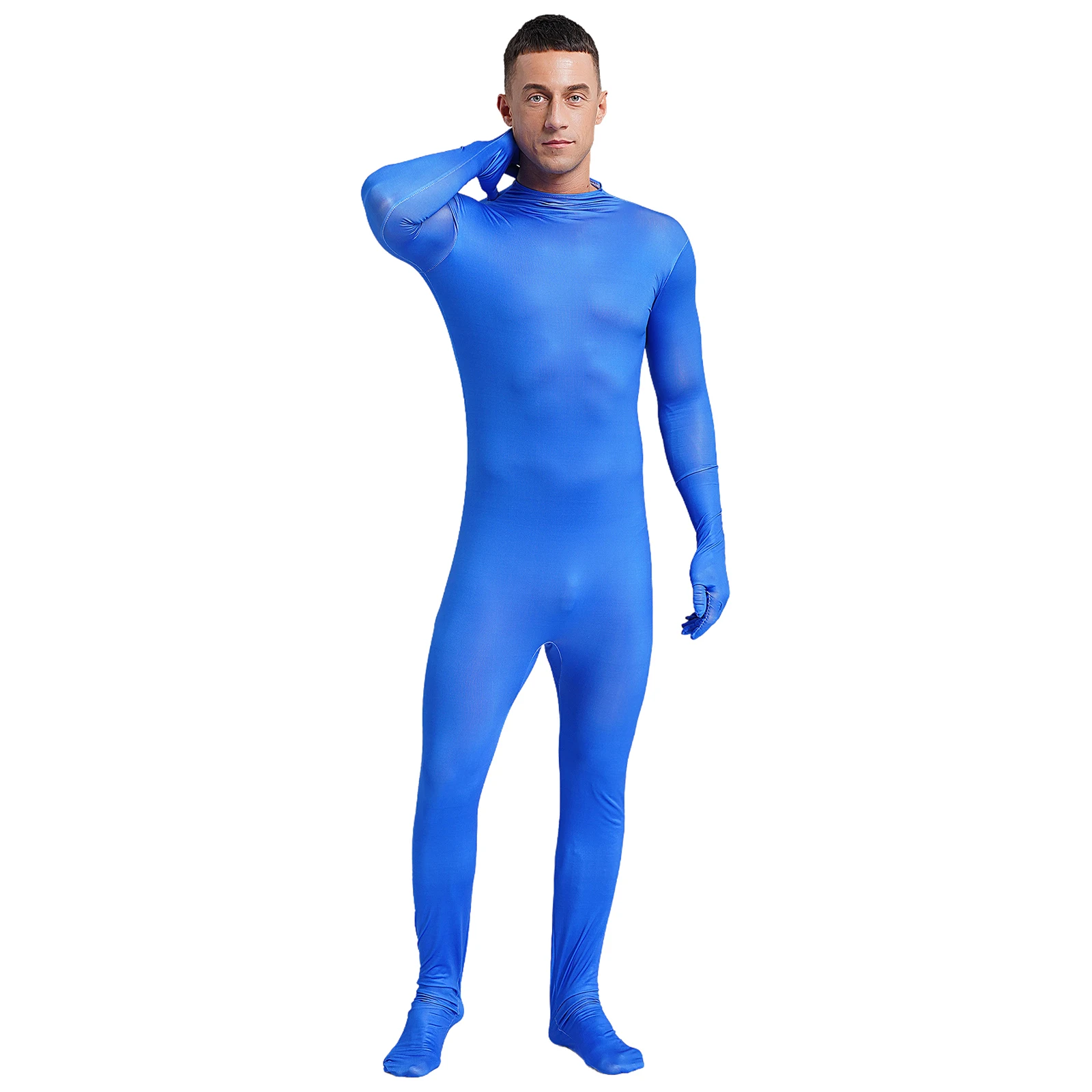 Men\'s Solid Color Mock Full Body Cover Zentai Full Fingers One Piece Footed Bodysuits Stretchy Dance Jumpsuits