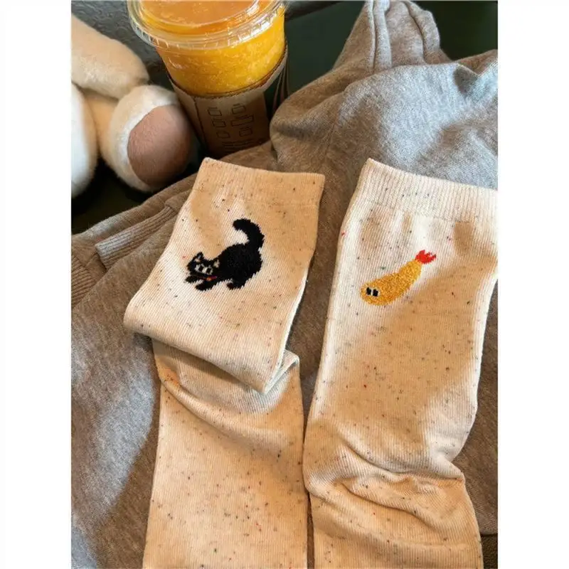 2024 New Autumn Winter Vintage Dot Women Socks Cute Cartoon Cat Fish Pattern Middle Tube Socks Soft Thermal Warm Crew Sock