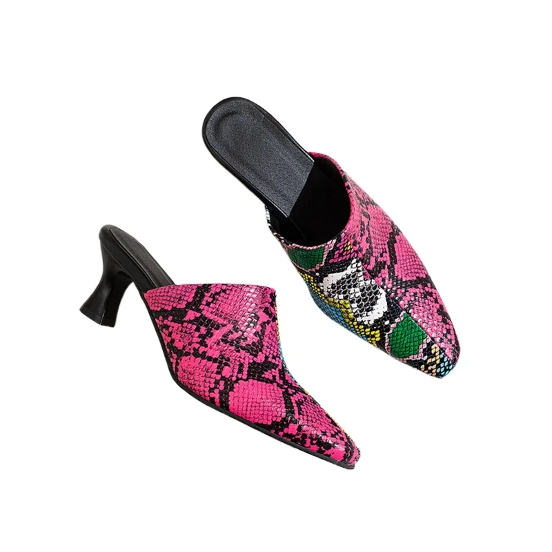 Plus Size Women sandals Mules High Heels Pointed Toe Pumps Color block Casual Slip-on Summer Casual Outdoor Lady Slippers 7733