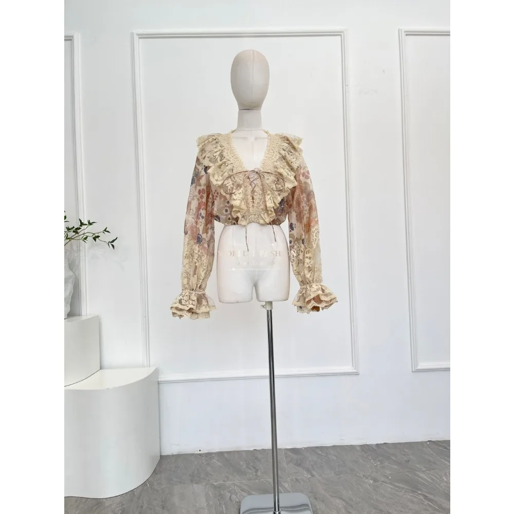 

Бежевая кружевная блузка с длинным рукавом и v-образным вырезом с цветочным принтом, топы и юбка миди с неровным подолом, комплекты высшего качества 2025 г.